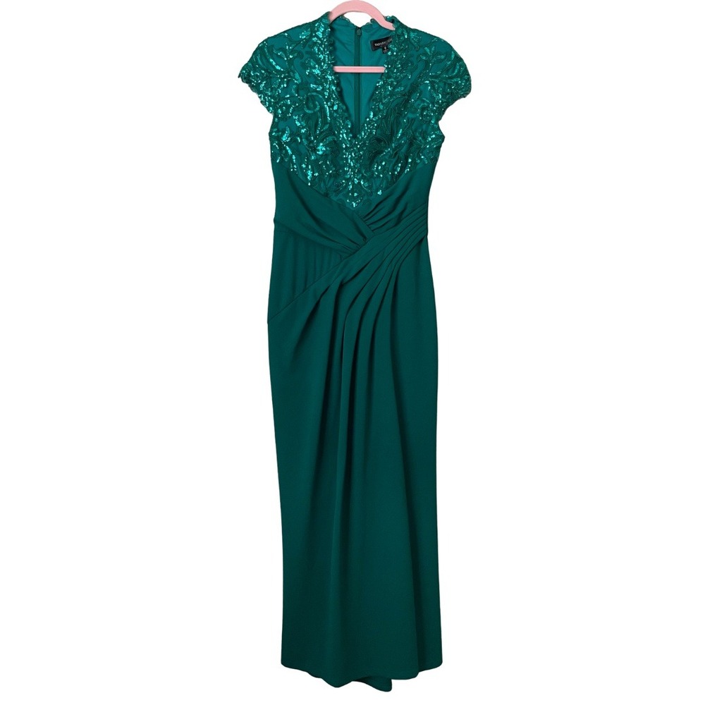 Tadashi Shoji Dress Womens Size 6 Green Sequin Lace Draped Maxi Gown Formal
